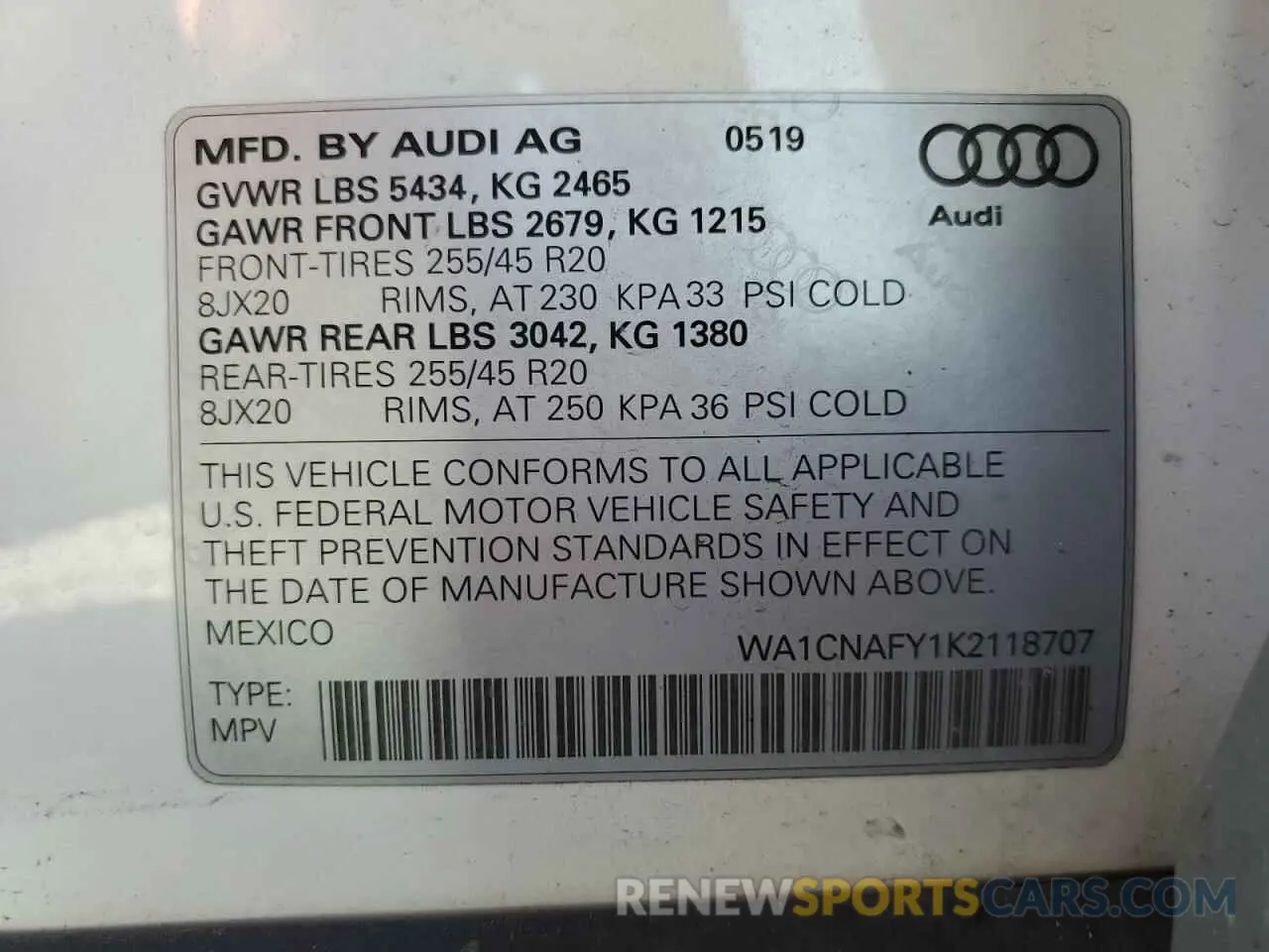 13 Photograph of a damaged car WA1CNAFY1K2118707 AUDI Q5 2019