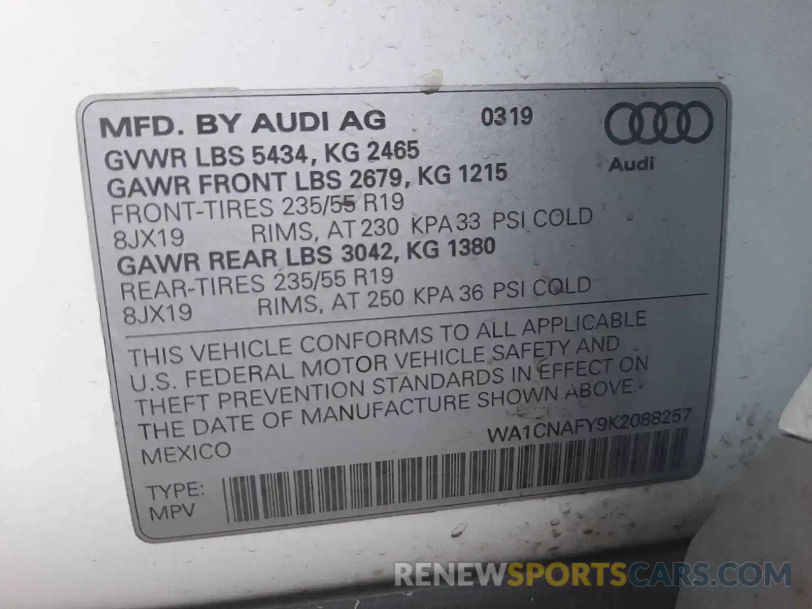 10 Photograph of a damaged car WA1CNAFY9K2088257 AUDI Q5 2019