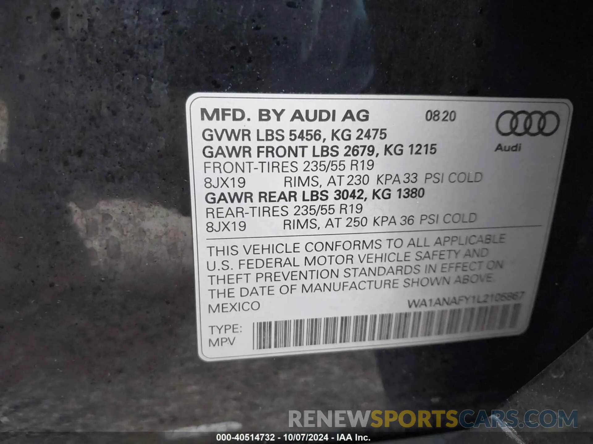 9 Photograph of a damaged car WA1ANAFY1L2105867 AUDI Q5 2020