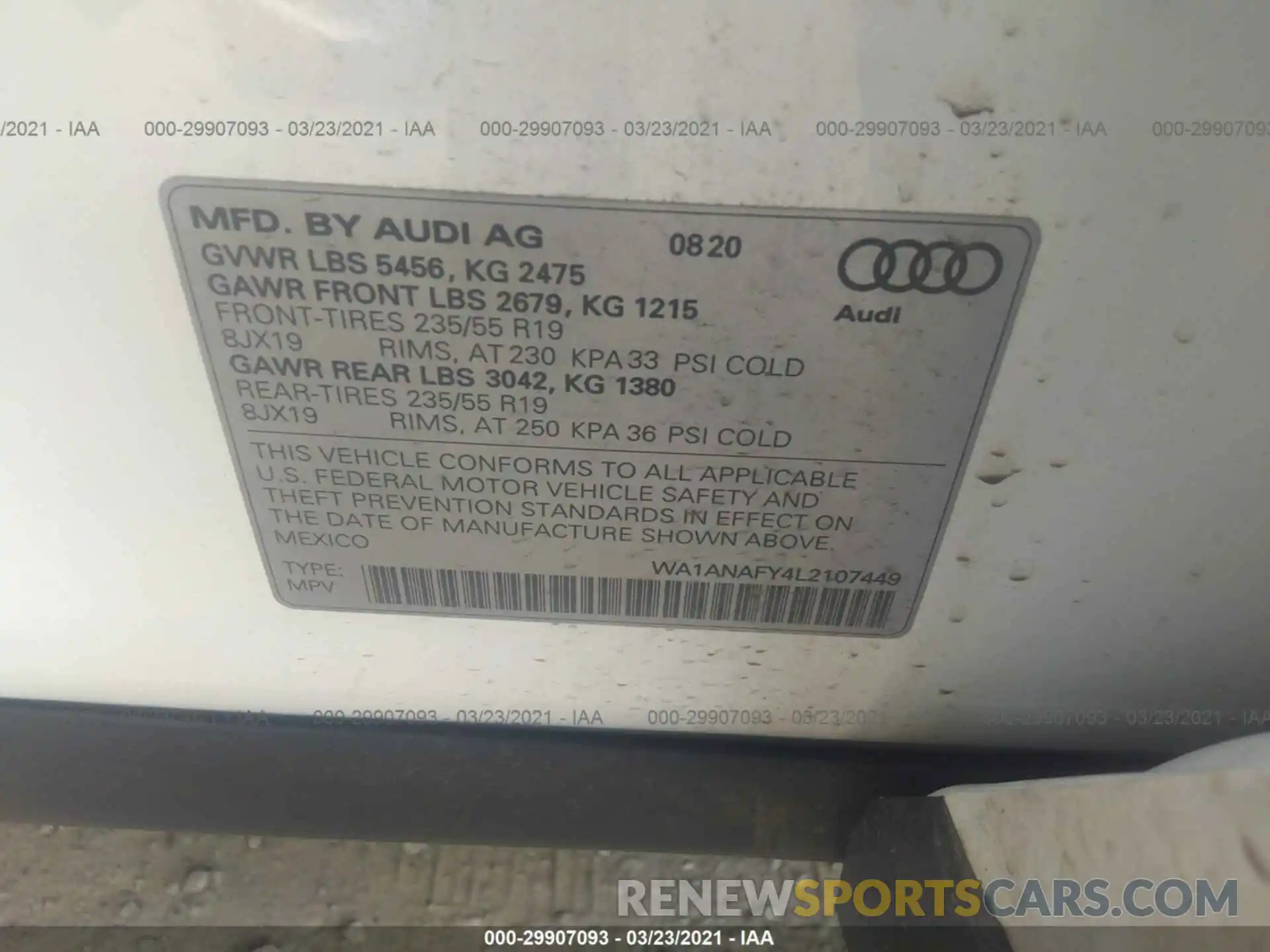 9 Photograph of a damaged car WA1ANAFY4L2107449 AUDI Q5 2020