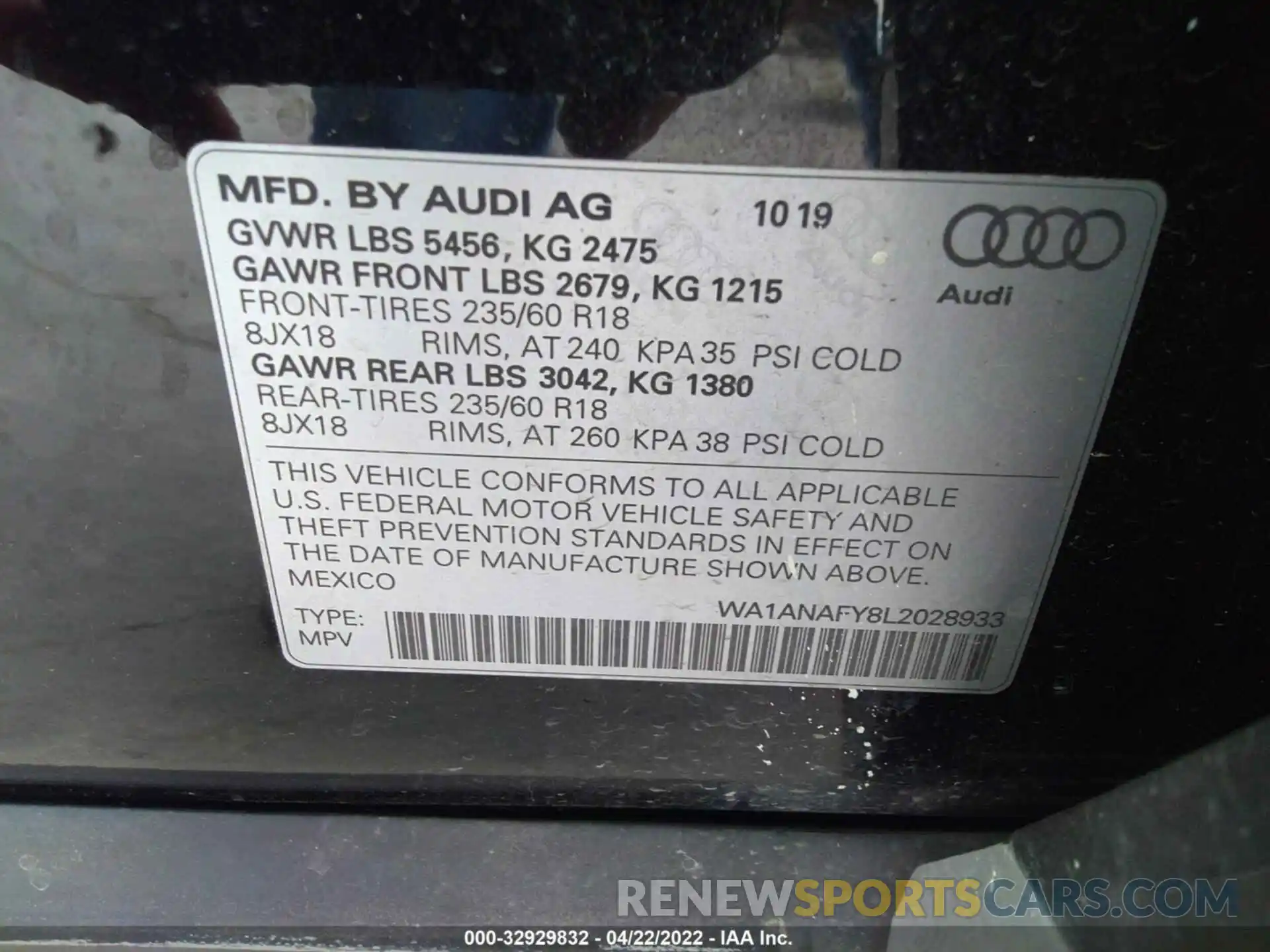 9 Photograph of a damaged car WA1ANAFY8L2028933 AUDI Q5 2020