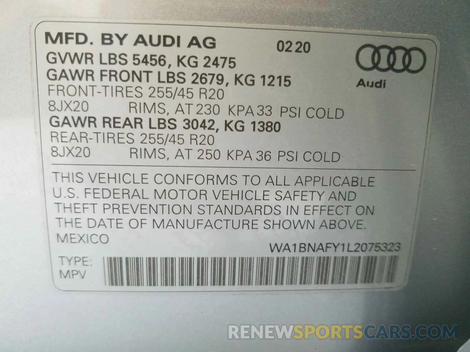 10 Photograph of a damaged car WA1BNAFY1L2075323 AUDI Q5 2020