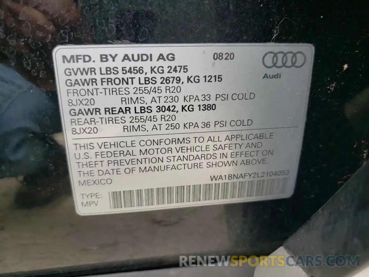 10 Photograph of a damaged car WA1BNAFY2L2104053 AUDI Q5 2020