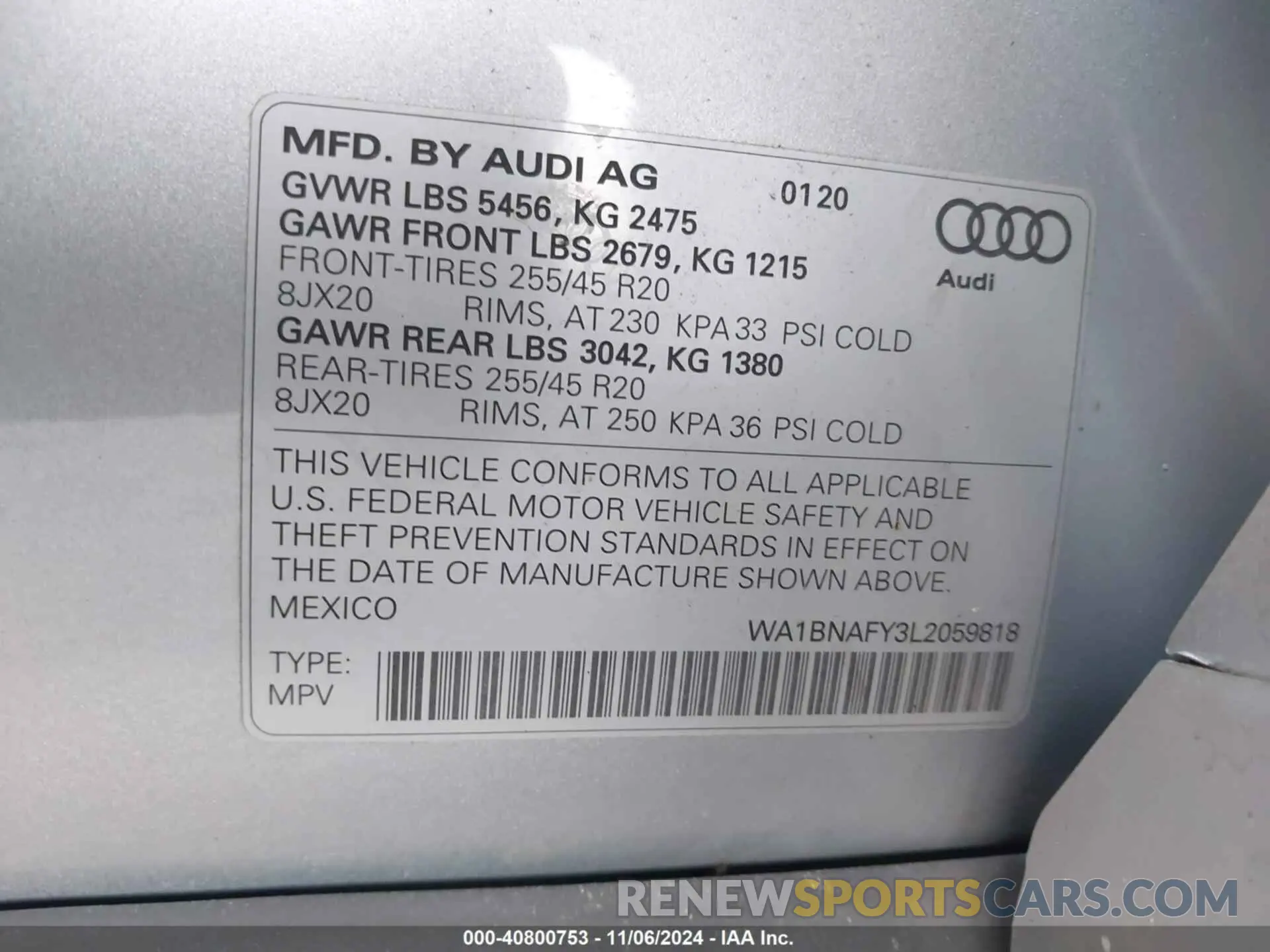 9 Photograph of a damaged car WA1BNAFY3L2059818 AUDI Q5 2020