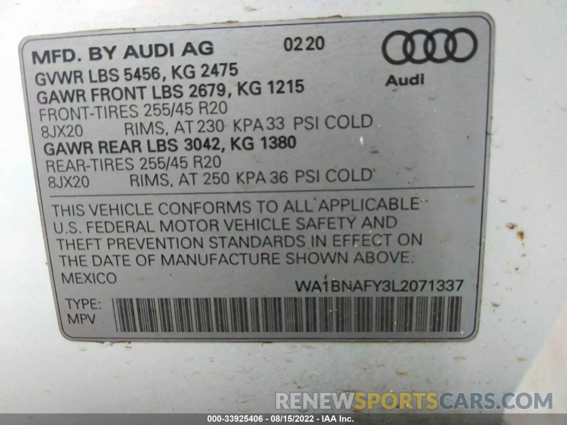 9 Photograph of a damaged car WA1BNAFY3L2071337 AUDI Q5 2020