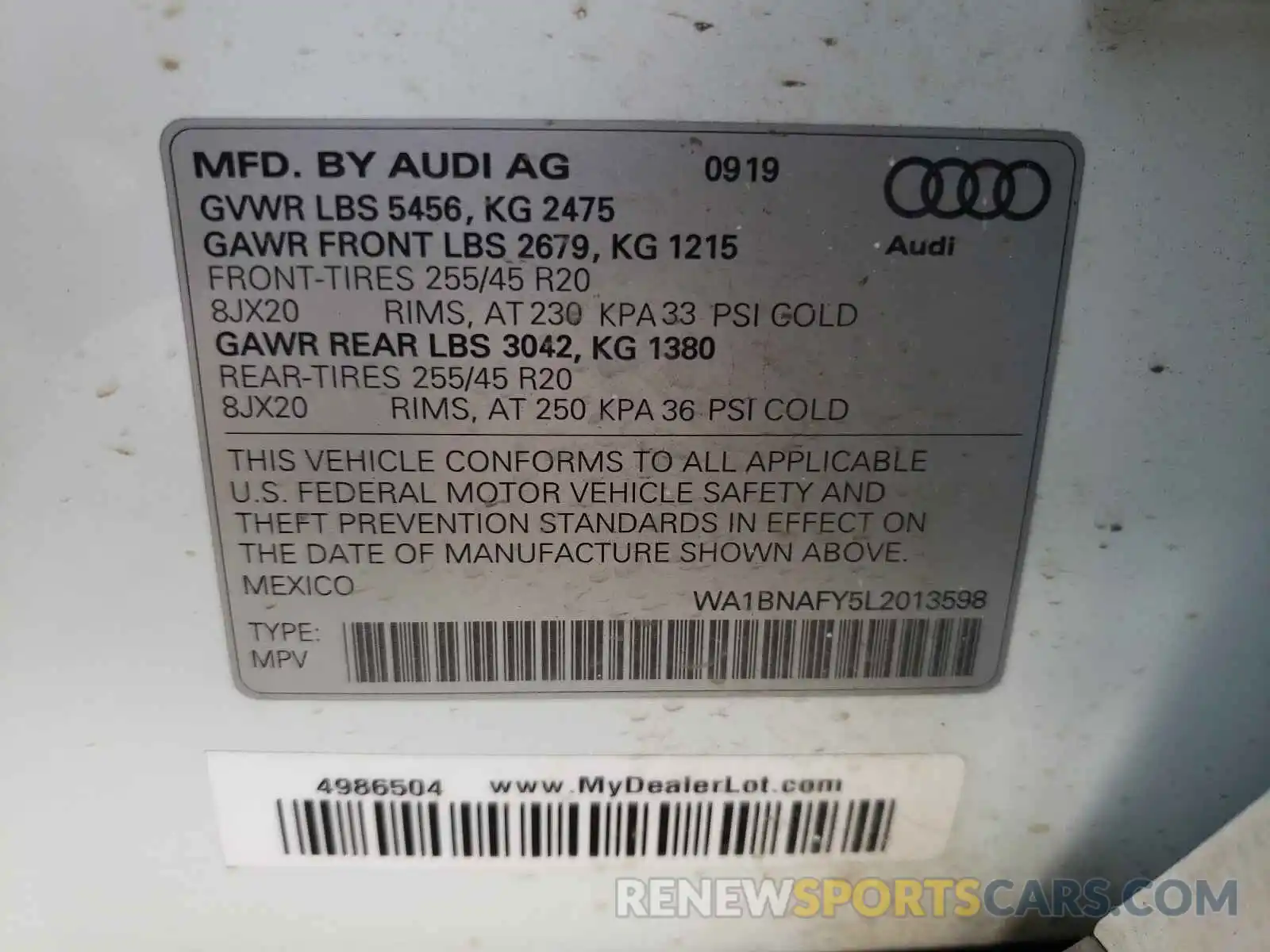 10 Photograph of a damaged car WA1BNAFY5L2013598 AUDI Q5 2020