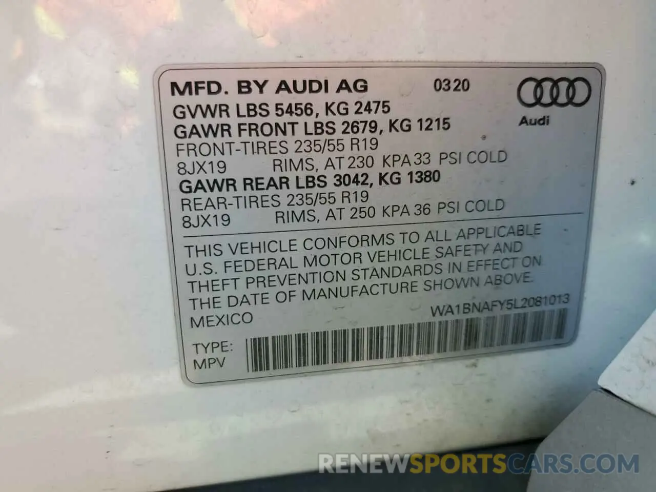 12 Photograph of a damaged car WA1BNAFY5L2081013 AUDI Q5 2020