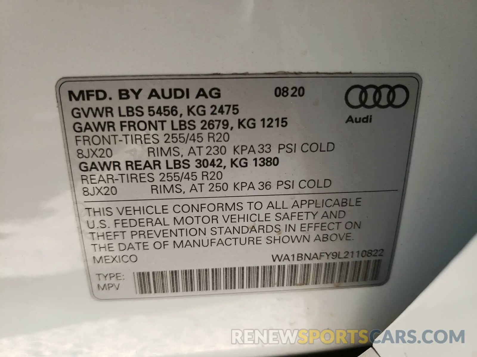 10 Photograph of a damaged car WA1BNAFY9L2110822 AUDI Q5 2020