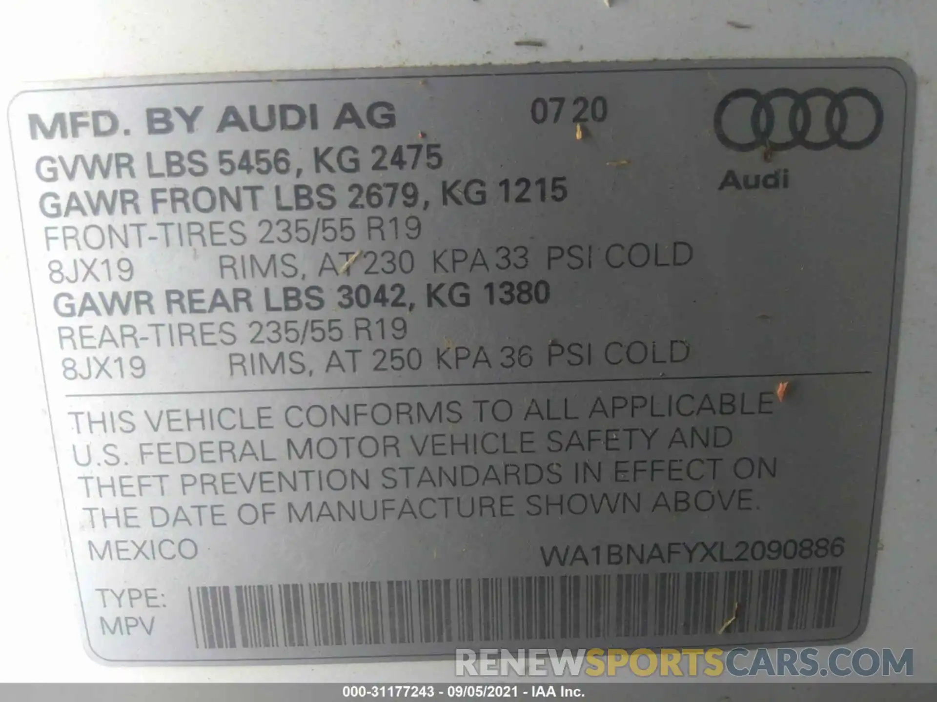 9 Photograph of a damaged car WA1BNAFYXL2090886 AUDI Q5 2020