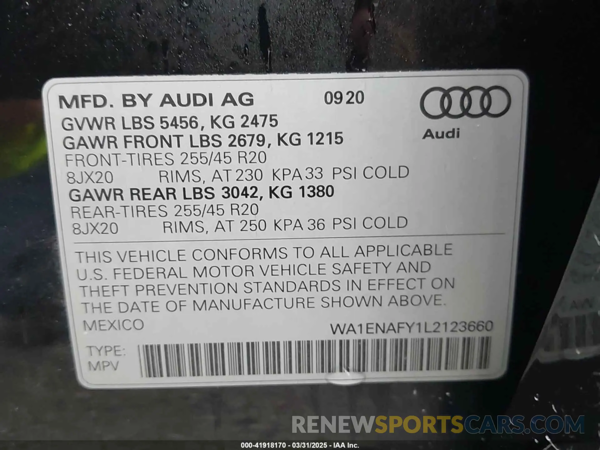 9 Photograph of a damaged car WA1ENAFY1L2123660 AUDI Q5 2020