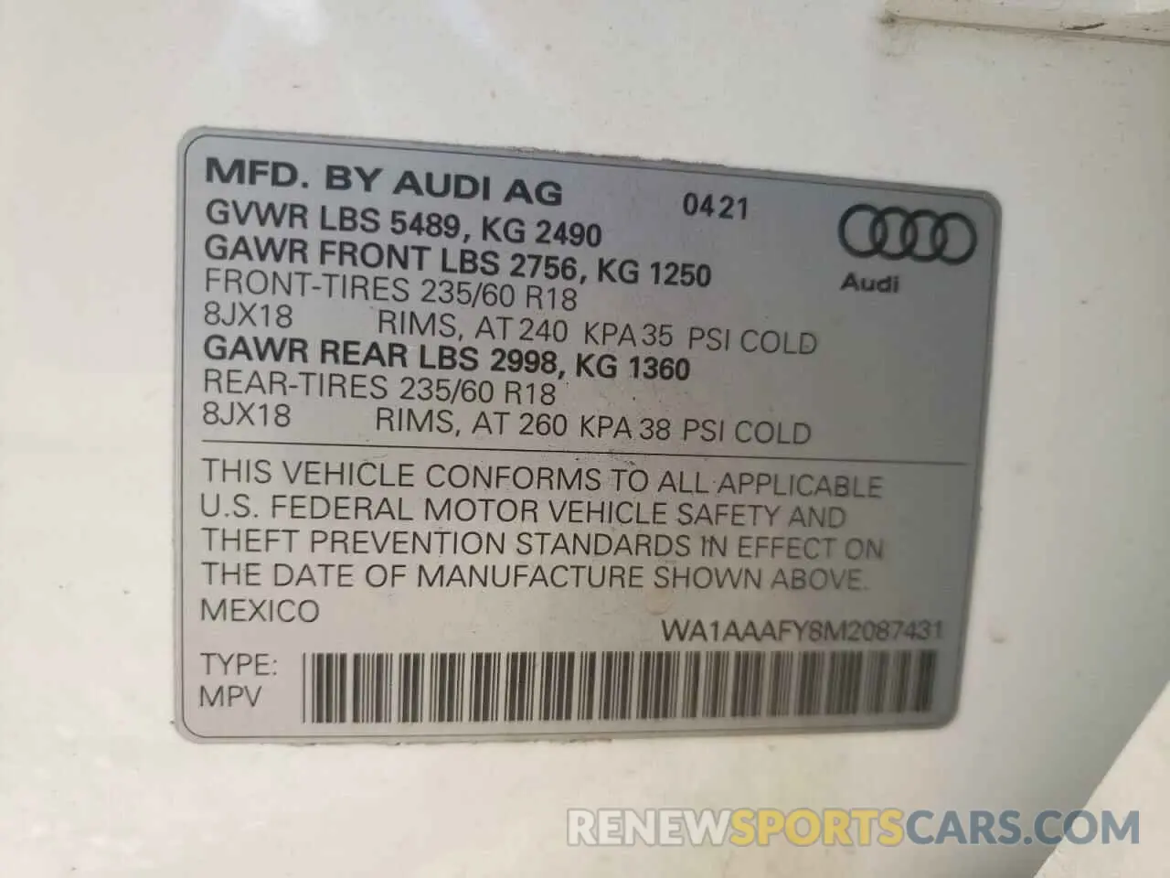 10 Photograph of a damaged car WA1AAAFY8M2087431 AUDI Q5 2021