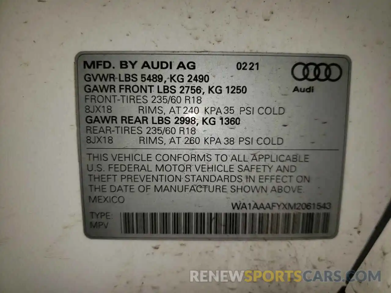 10 Photograph of a damaged car WA1AAAFYXM2061543 AUDI Q5 2021