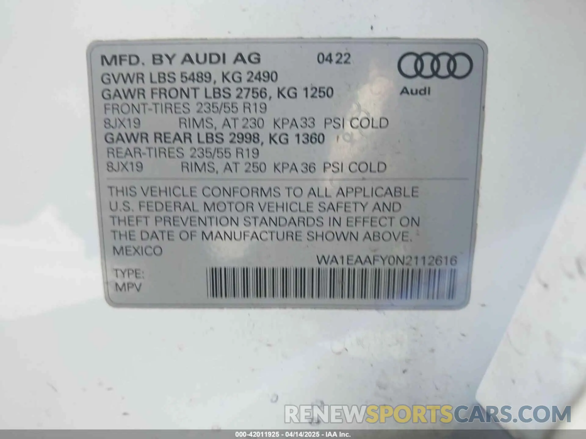 9 Photograph of a damaged car WA1EAAFY0N2112616 AUDI Q5 2022