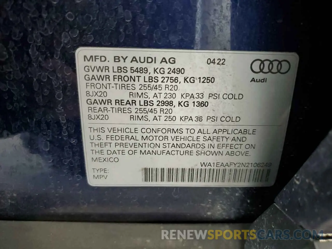16 Photograph of a damaged car WA1EAAFY2N2106249 AUDI Q5 2022