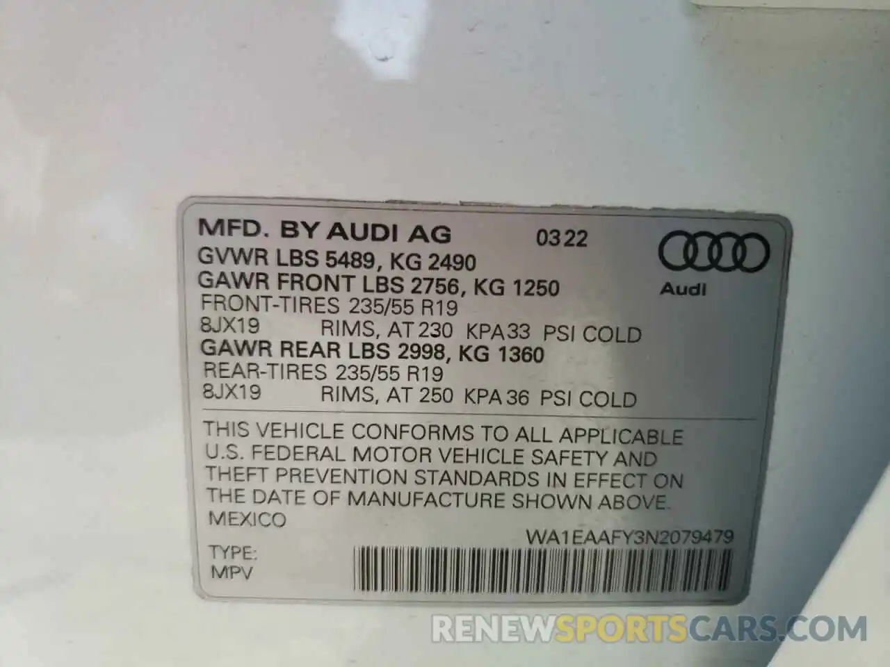 10 Photograph of a damaged car WA1EAAFY3N2079479 AUDI Q5 2022