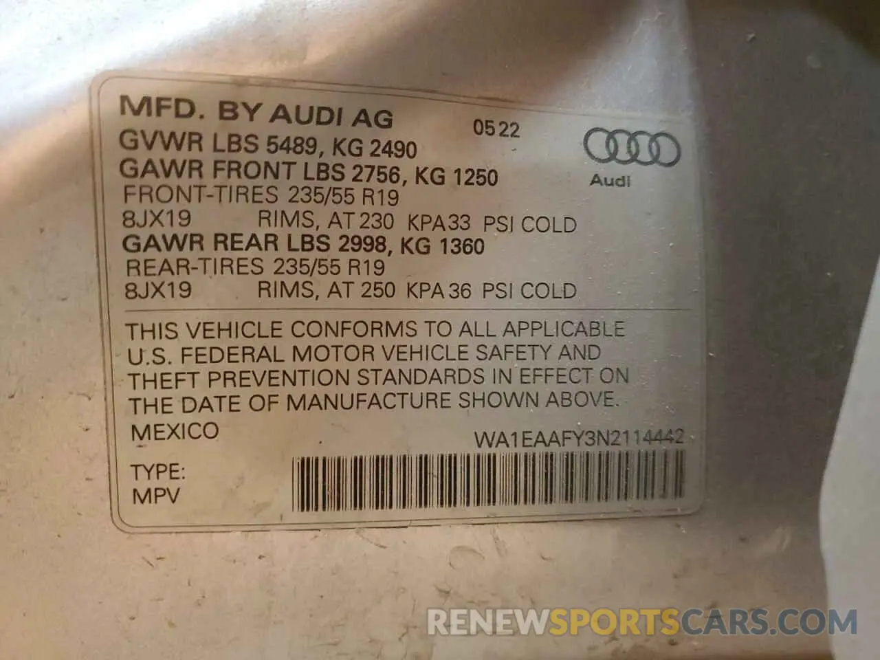 15 Photograph of a damaged car WA1EAAFY3N2114442 AUDI Q5 2022