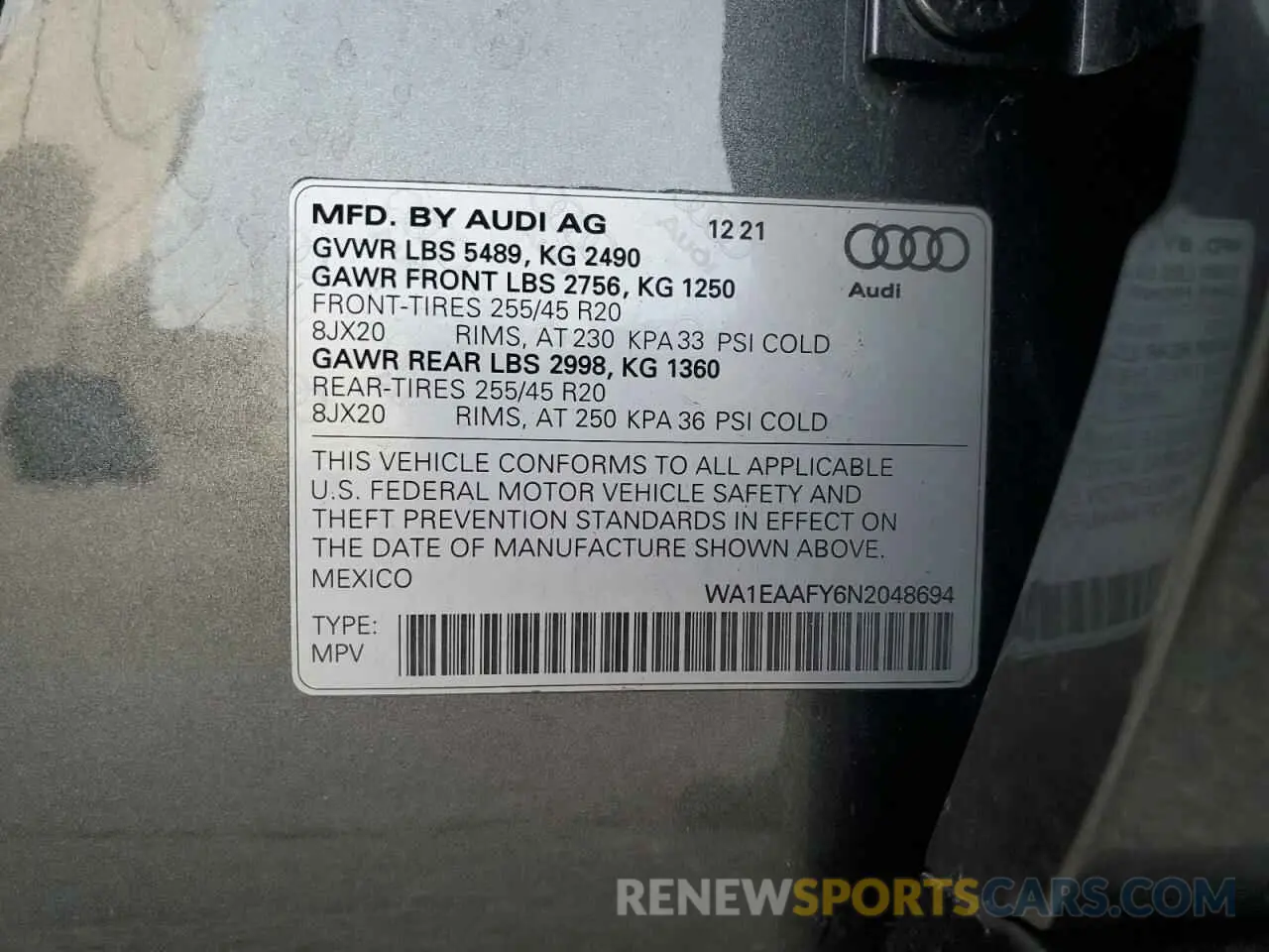 14 Photograph of a damaged car WA1EAAFY6N2048694 AUDI Q5 2022