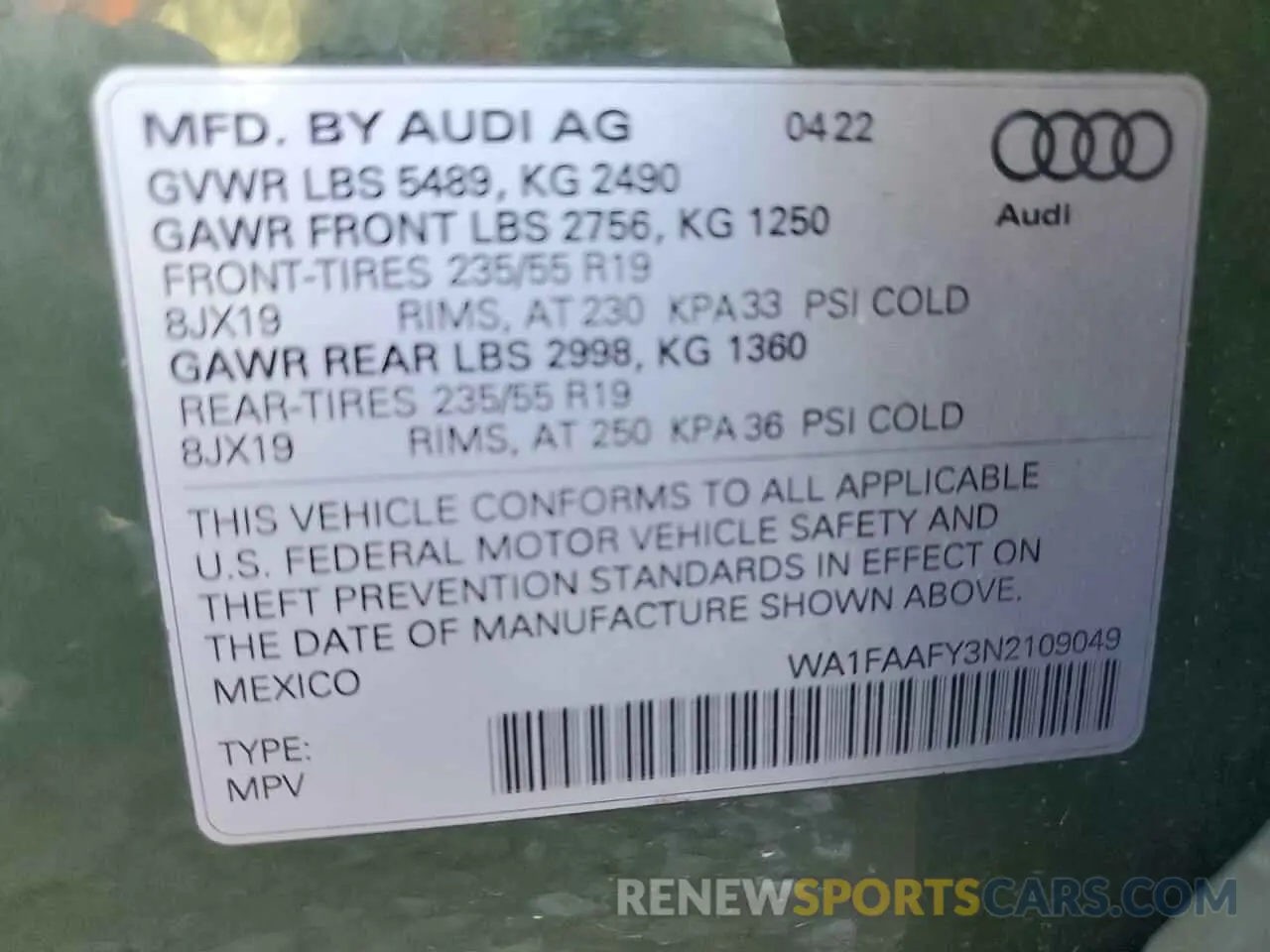 13 Photograph of a damaged car WA1FAAFY3N2109049 AUDI Q5 2022