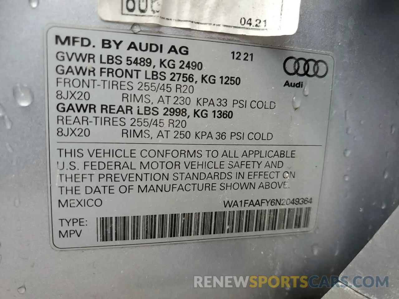 14 Photograph of a damaged car WA1FAAFY6N2049364 AUDI Q5 2022