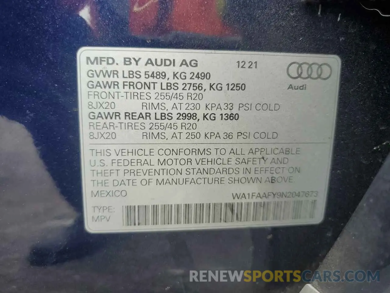 13 Photograph of a damaged car WA1FAAFY9N2047673 AUDI Q5 2022