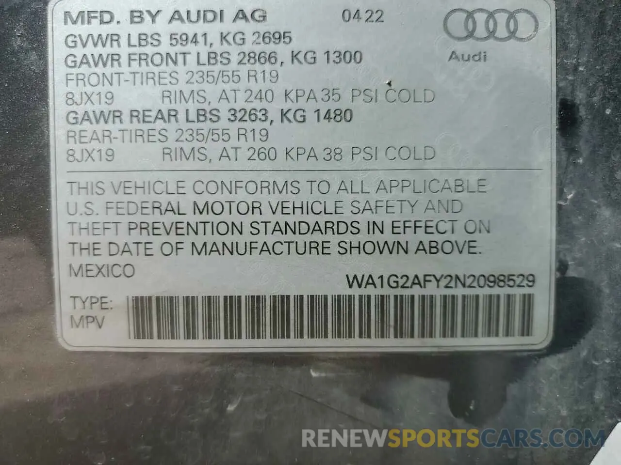14 Photograph of a damaged car WA1G2AFY2N2098529 AUDI Q5 2022