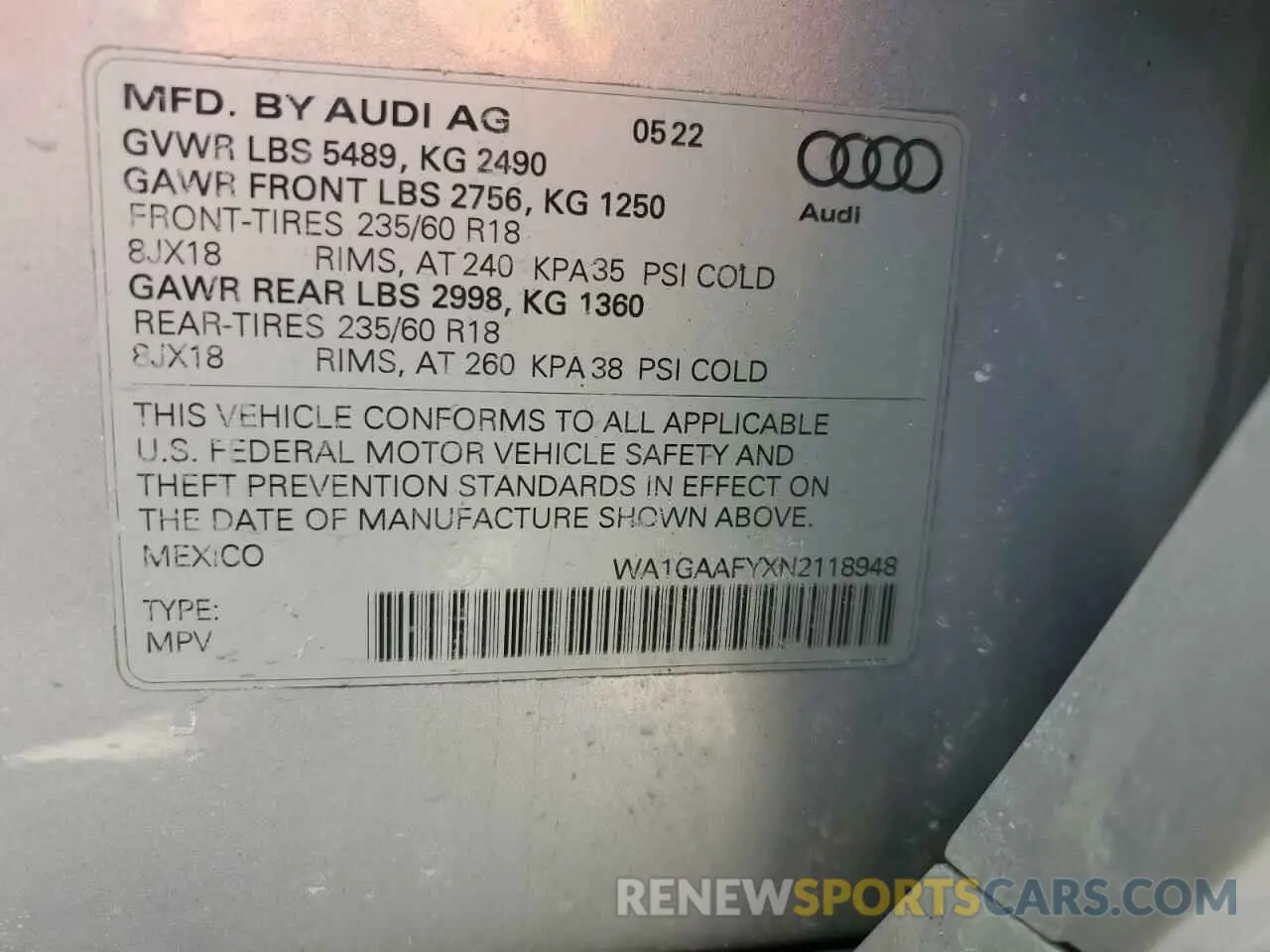 15 Photograph of a damaged car WA1GAAFYXN2118948 AUDI Q5 2022
