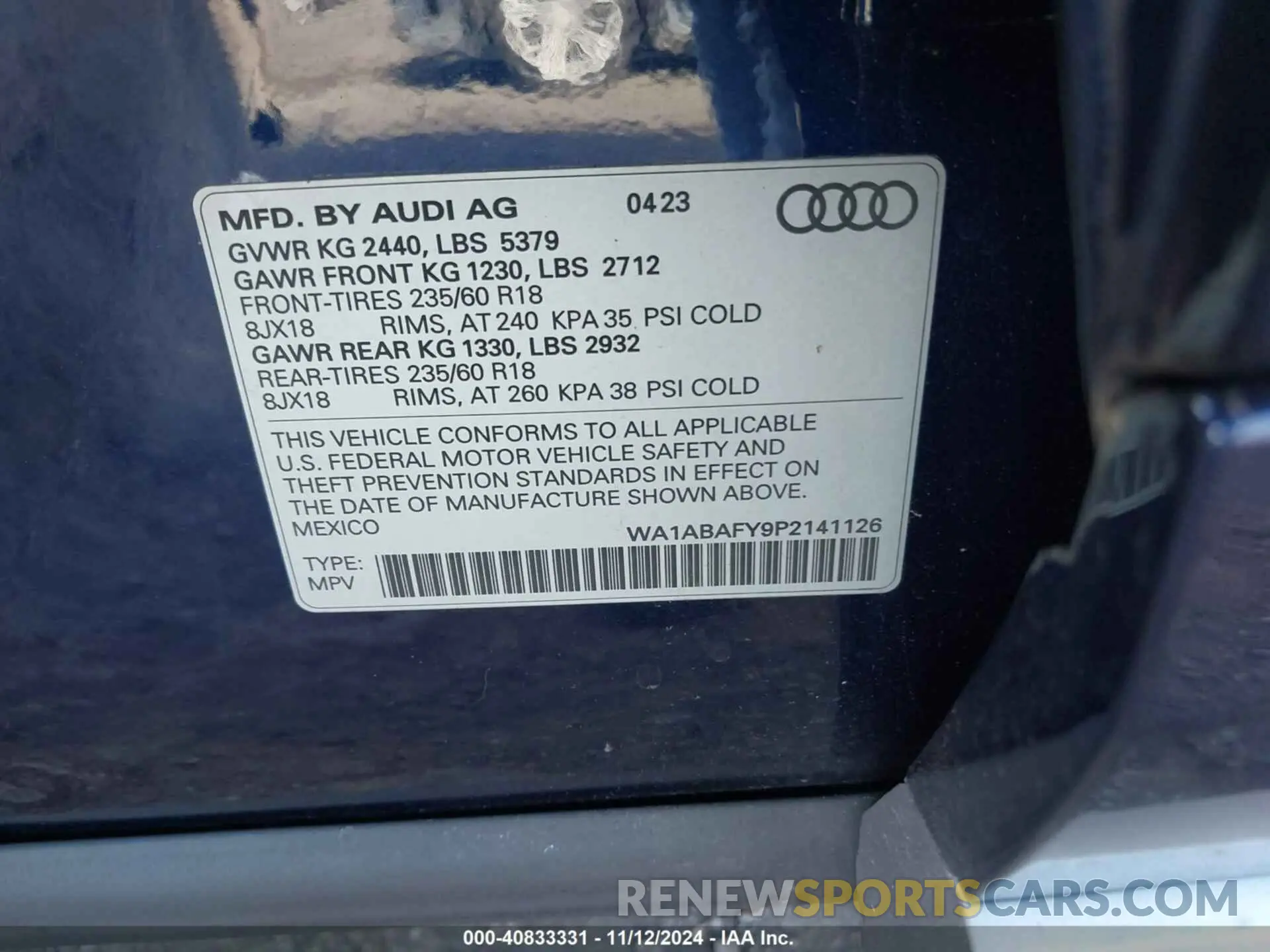 9 Photograph of a damaged car WA1ABAFY9P2141126 AUDI Q5 2023