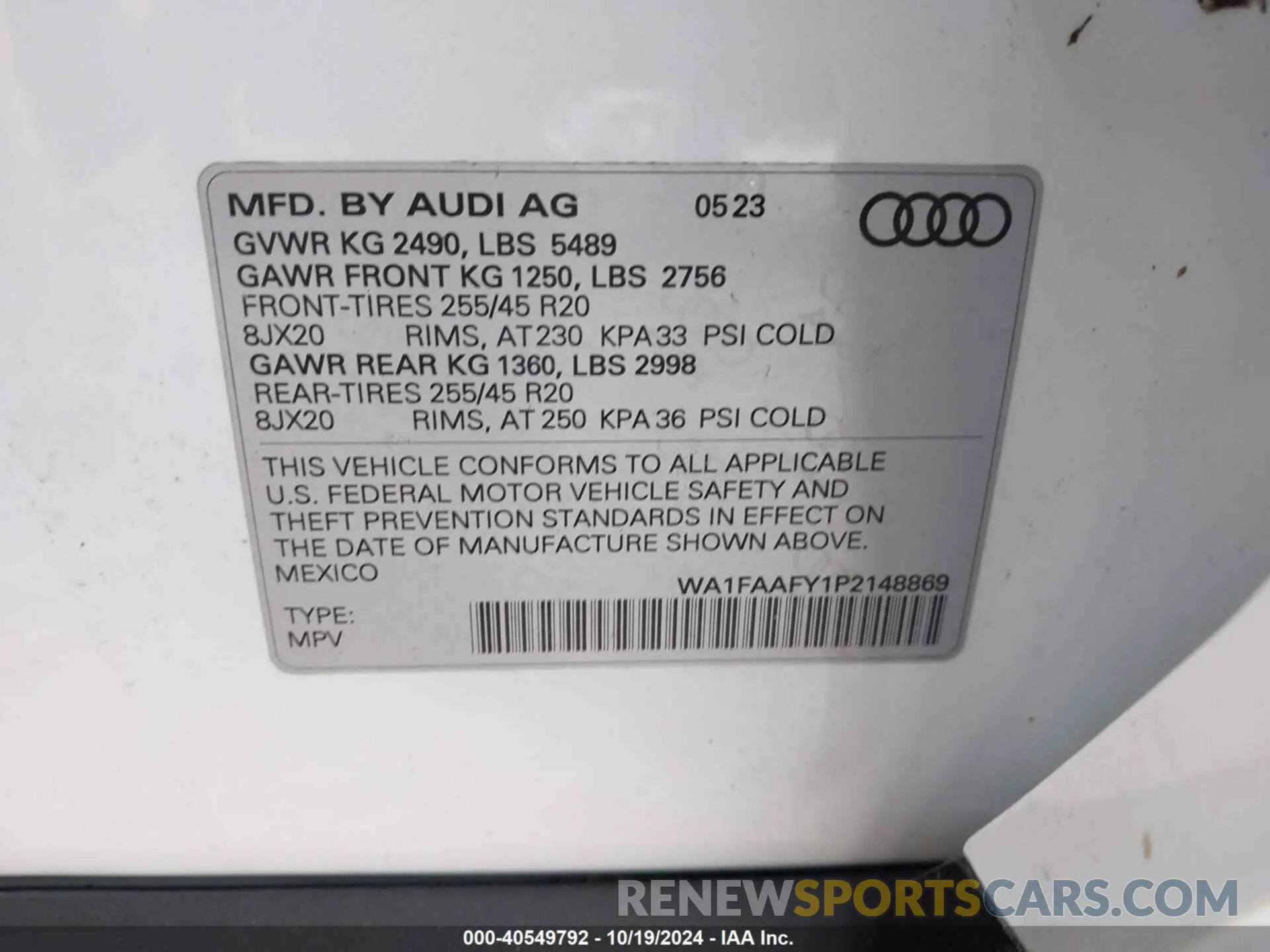 9 Photograph of a damaged car WA1FAAFY1P2148869 AUDI Q5 2023