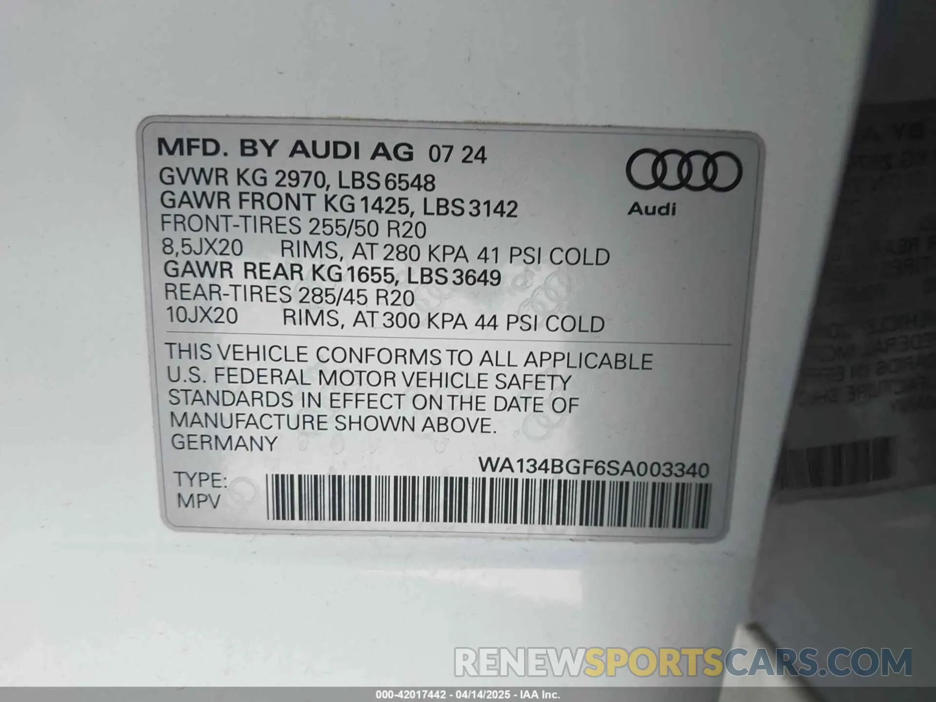 9 Photograph of a damaged car WA134BGF6SA003340 AUDI Q6 E-TRON 2025