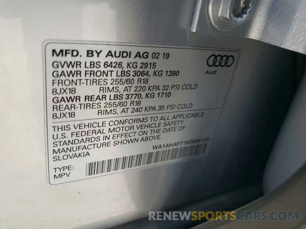 10 Photograph of a damaged car WA1AHAF71KD035126 AUDI Q7 2019