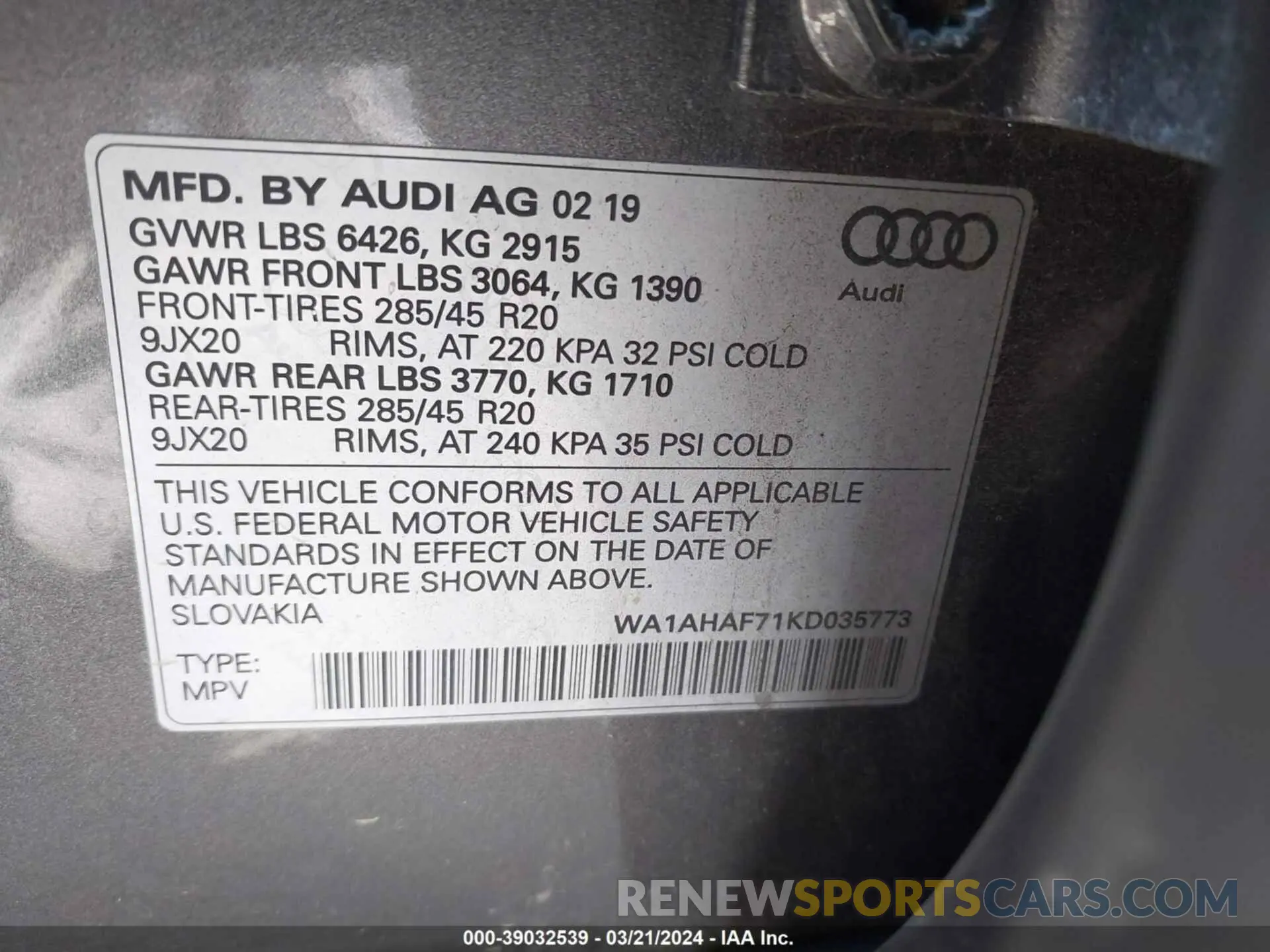 9 Photograph of a damaged car WA1AHAF71KD035773 AUDI Q7 2019