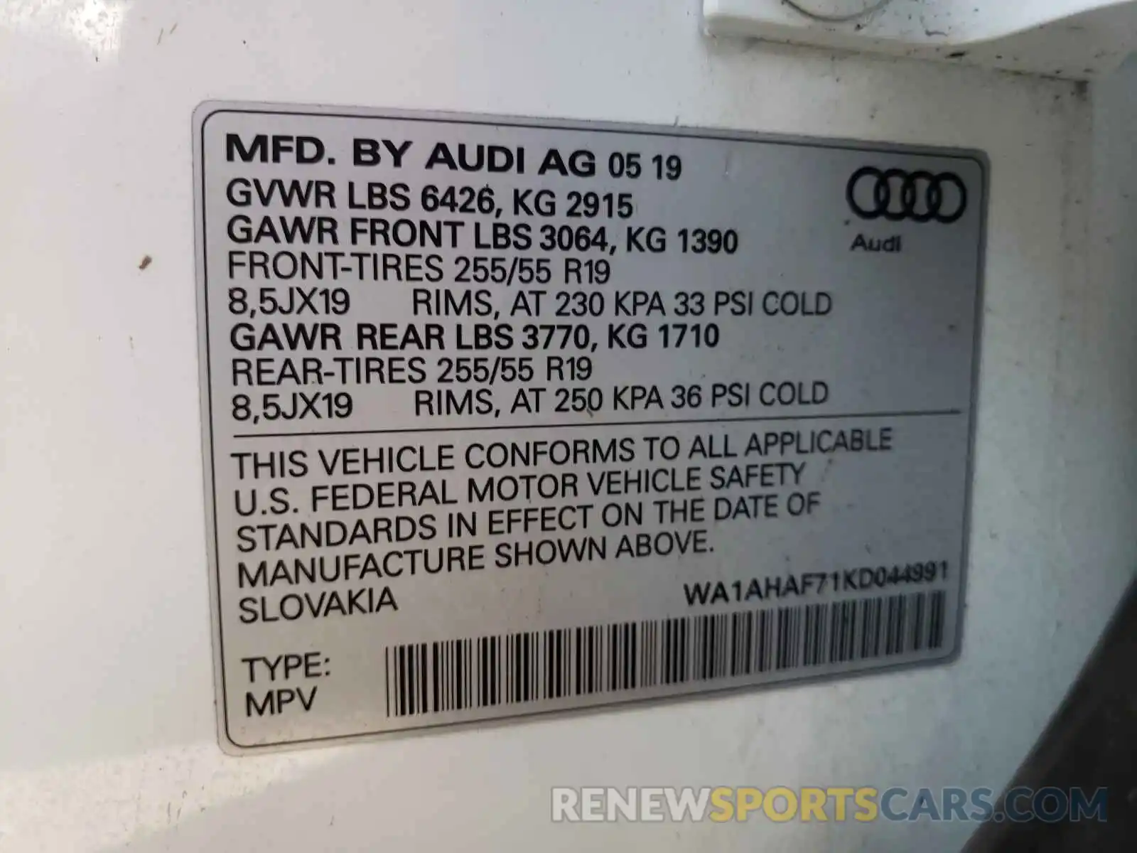 10 Photograph of a damaged car WA1AHAF71KD044991 AUDI Q7 2019