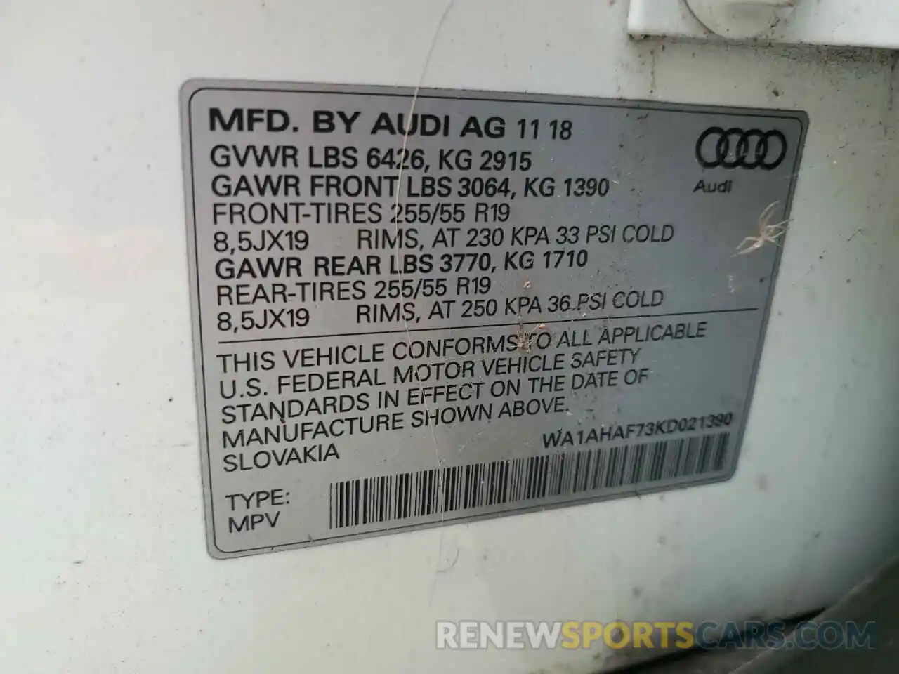 13 Photograph of a damaged car WA1AHAF73KD021390 AUDI Q7 2019