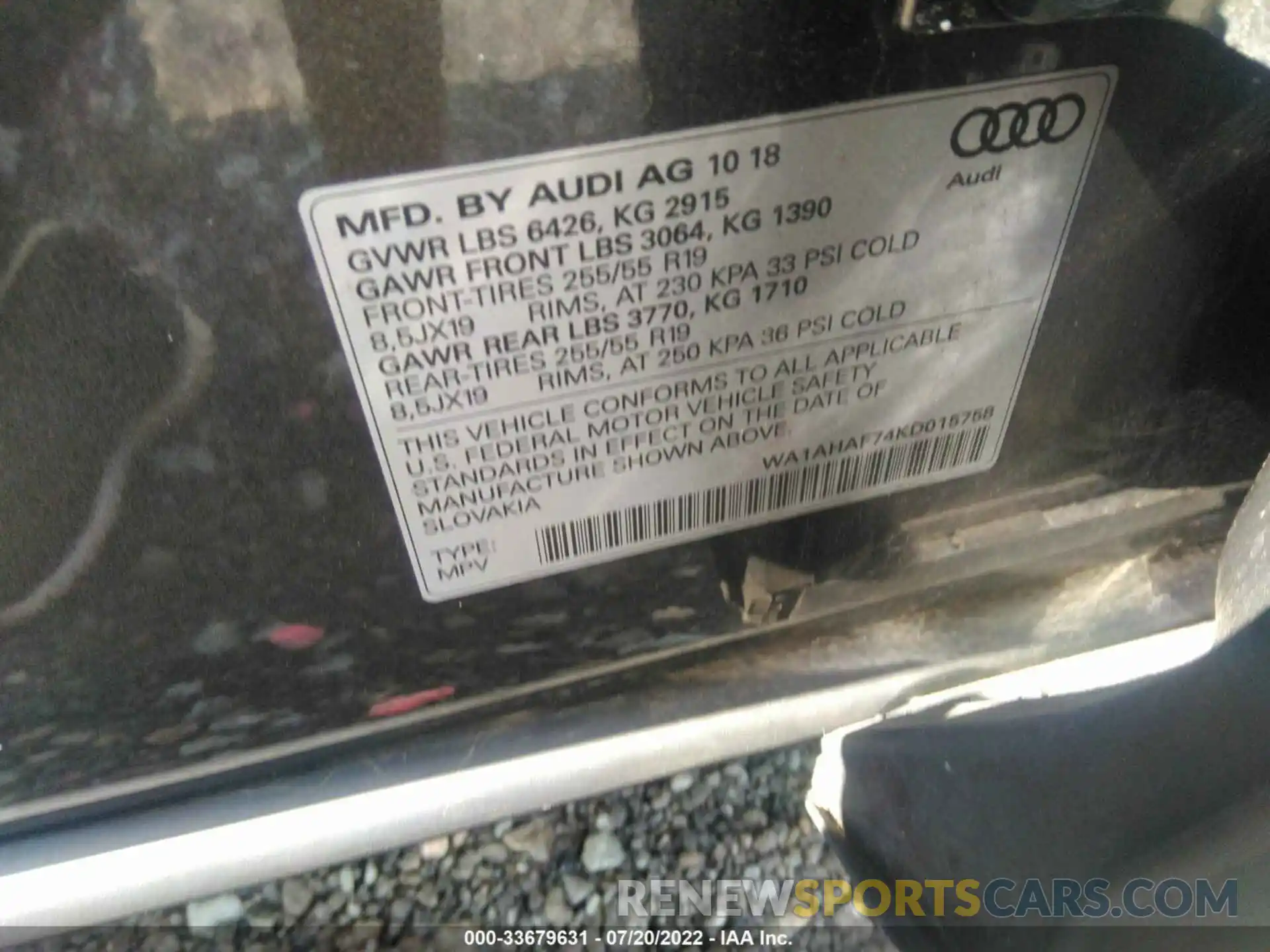 9 Photograph of a damaged car WA1AHAF74KD015758 AUDI Q7 2019