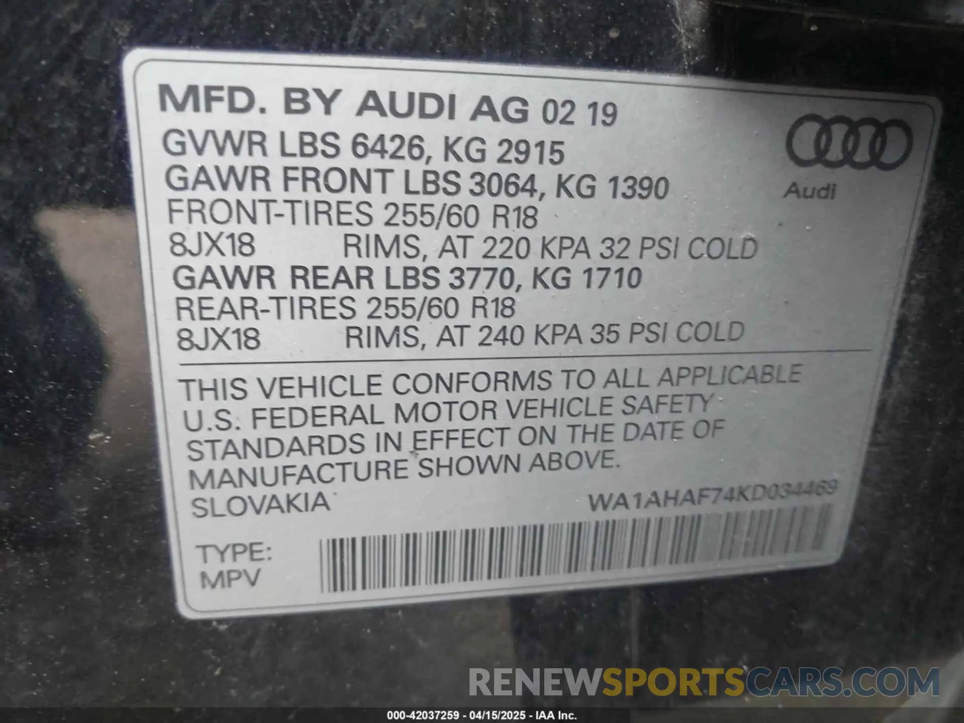 9 Photograph of a damaged car WA1AHAF74KD034469 AUDI Q7 2019