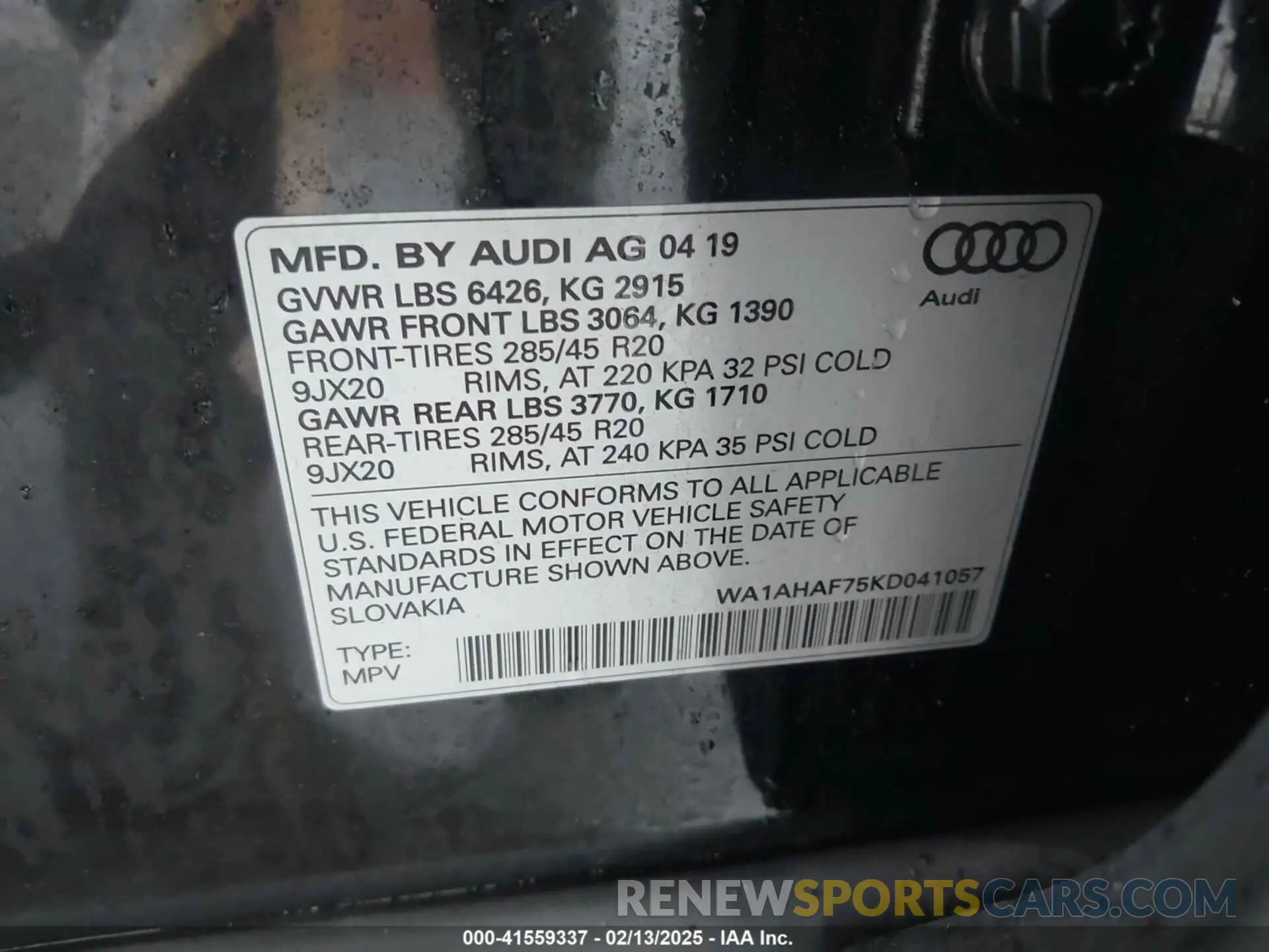 9 Photograph of a damaged car WA1AHAF75KD041057 AUDI Q7 2019