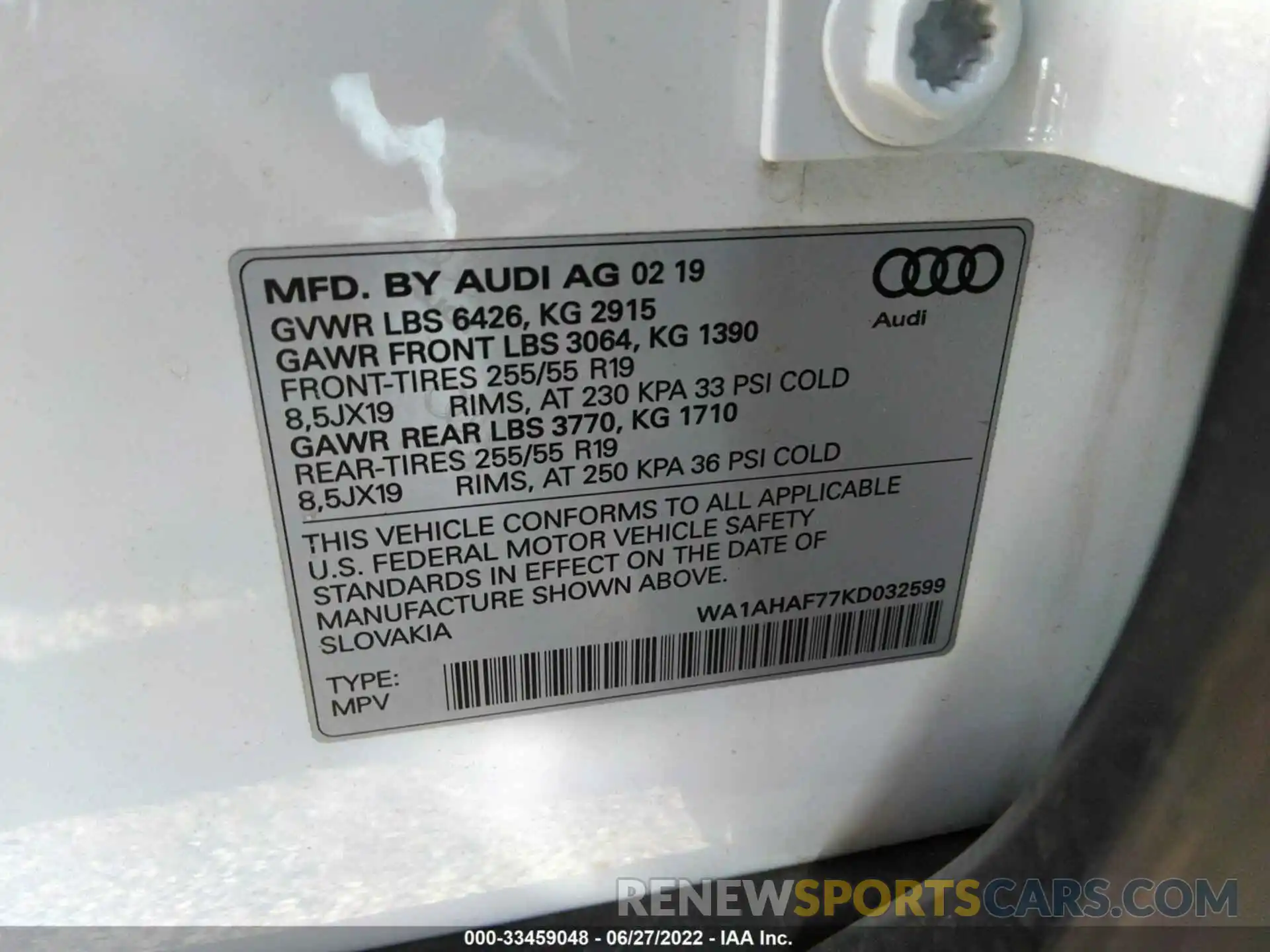 9 Photograph of a damaged car WA1AHAF77KD032599 AUDI Q7 2019