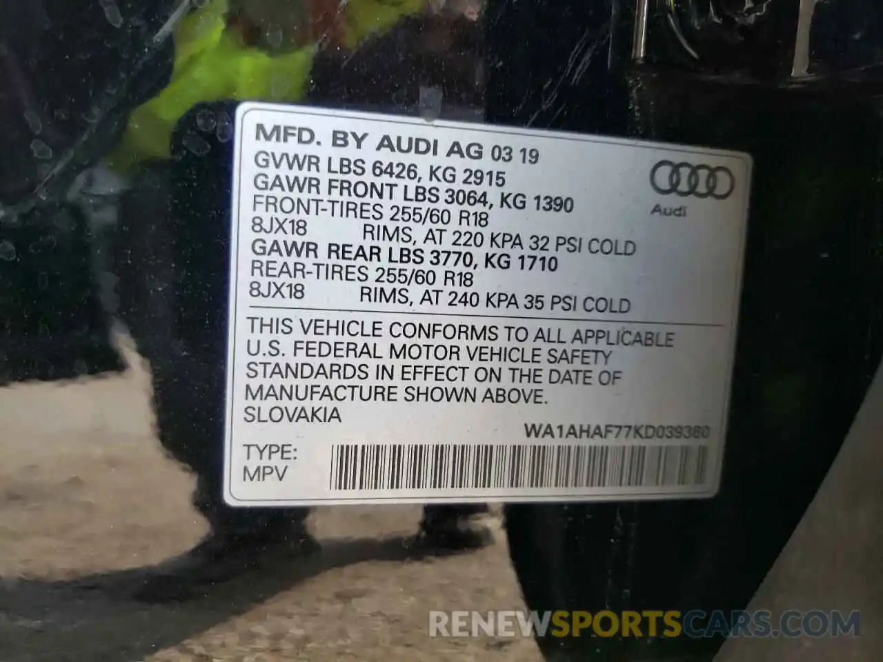 10 Photograph of a damaged car WA1AHAF77KD039360 AUDI Q7 2019