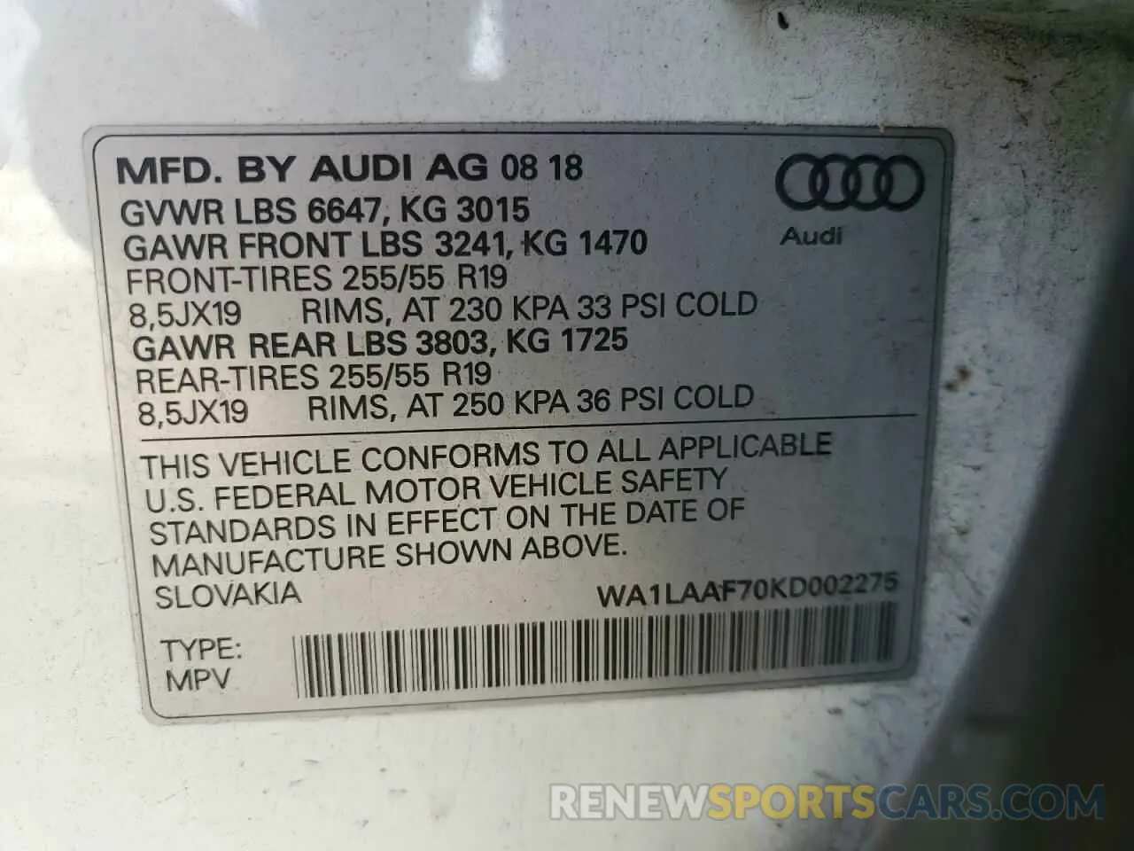 12 Photograph of a damaged car WA1LAAF70KD002275 AUDI Q7 2019