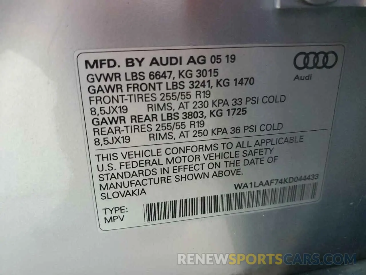 13 Photograph of a damaged car WA1LAAF74KD044433 AUDI Q7 2019