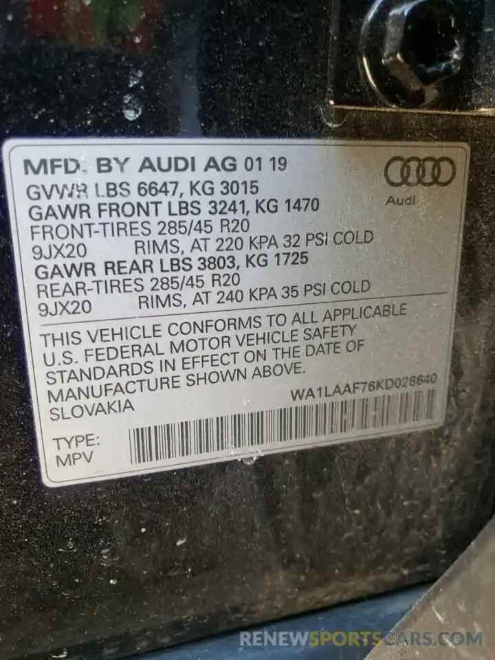 10 Photograph of a damaged car WA1LAAF76KD028640 AUDI Q7 2019