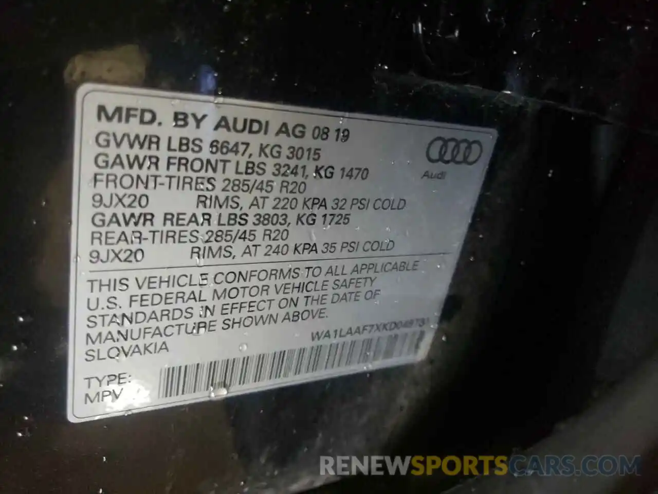 10 Photograph of a damaged car WA1LAAF7XKD048731 AUDI Q7 2019