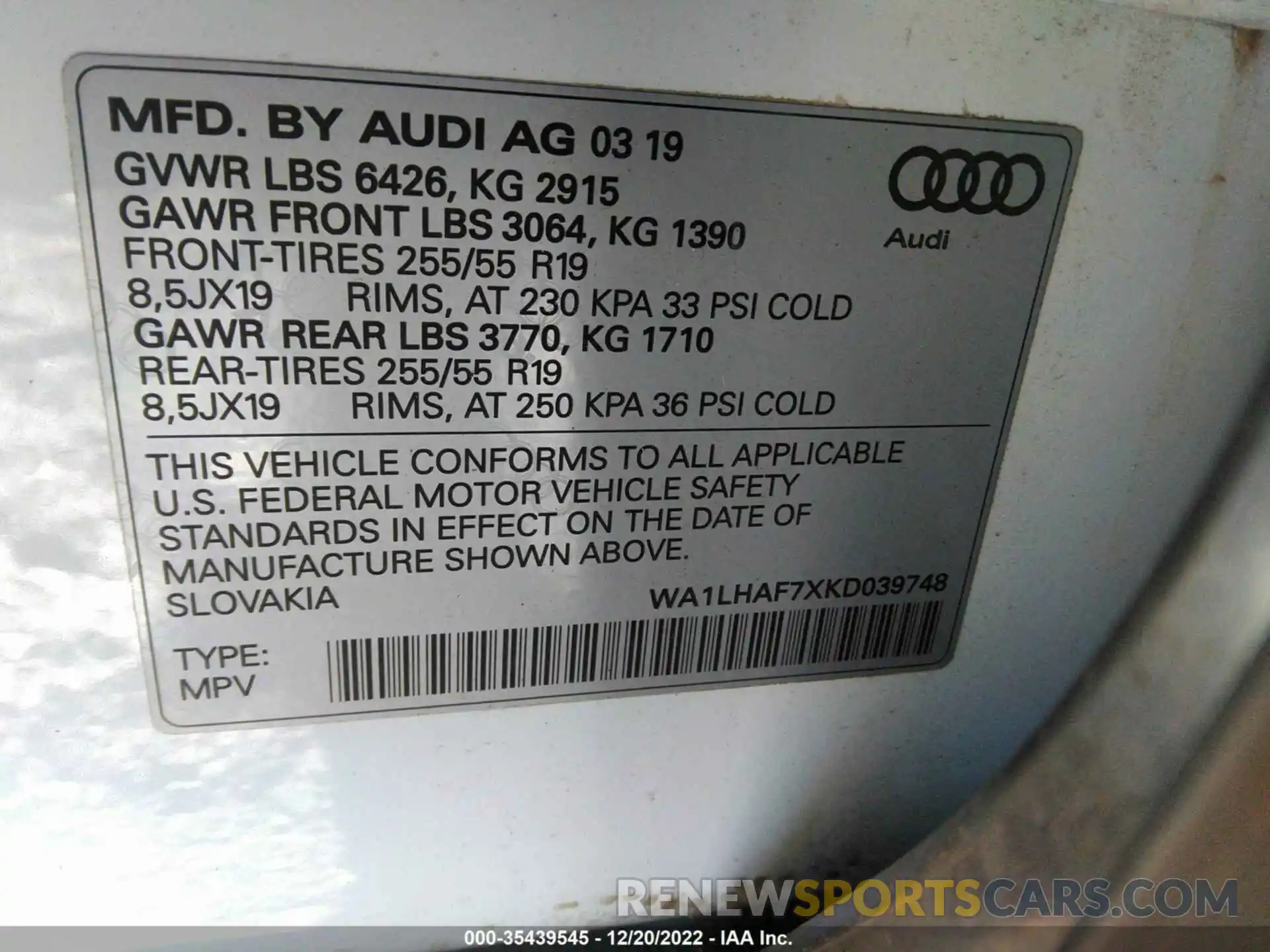 9 Photograph of a damaged car WA1LHAF7XKD039748 AUDI Q7 2019