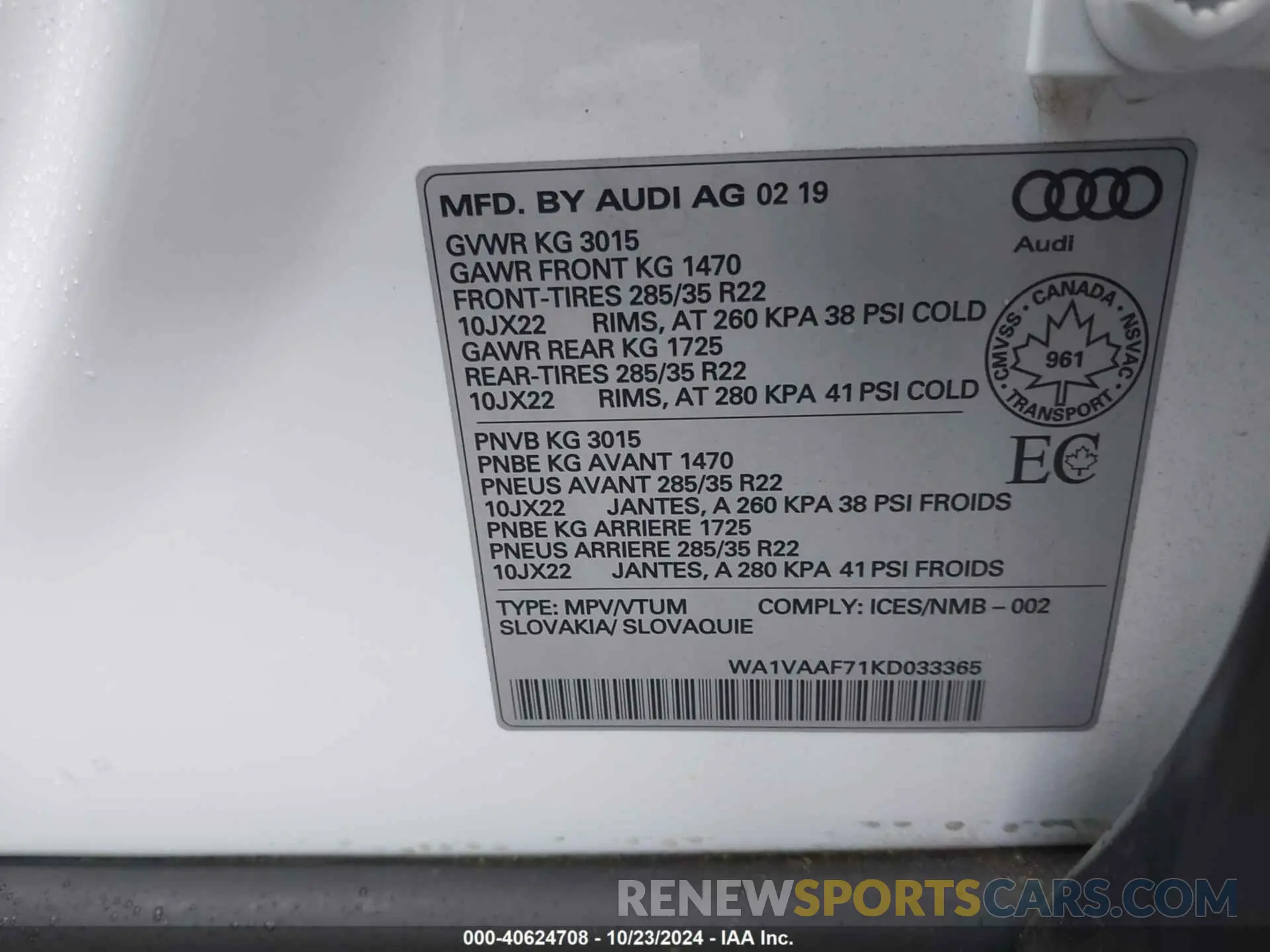9 Photograph of a damaged car WA1VAAF71KD033365 AUDI Q7 2019
