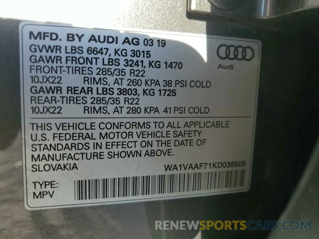 14 Photograph of a damaged car WA1VAAF71KD036508 AUDI Q7 2019