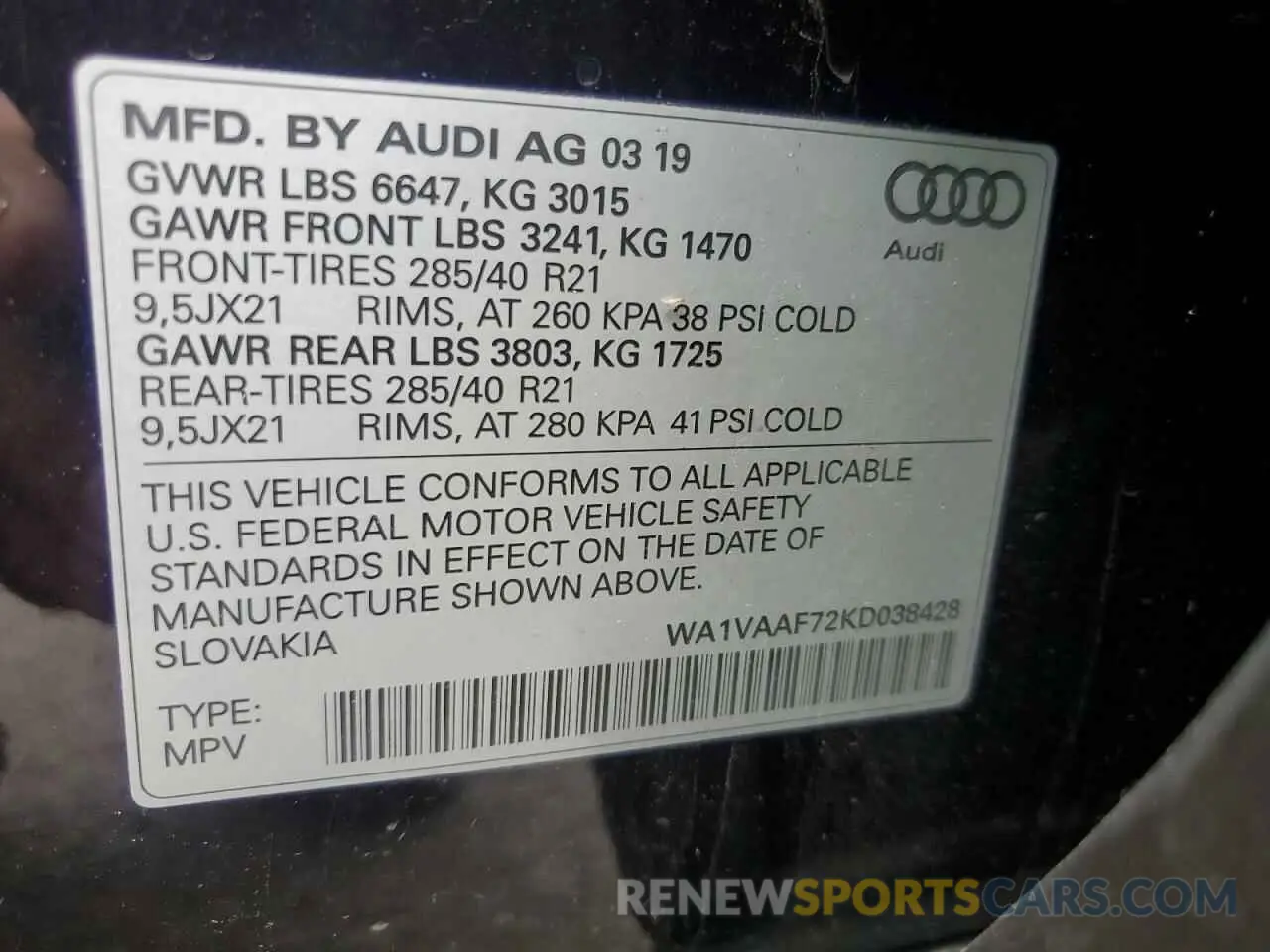 13 Photograph of a damaged car WA1VAAF72KD038428 AUDI Q7 2019