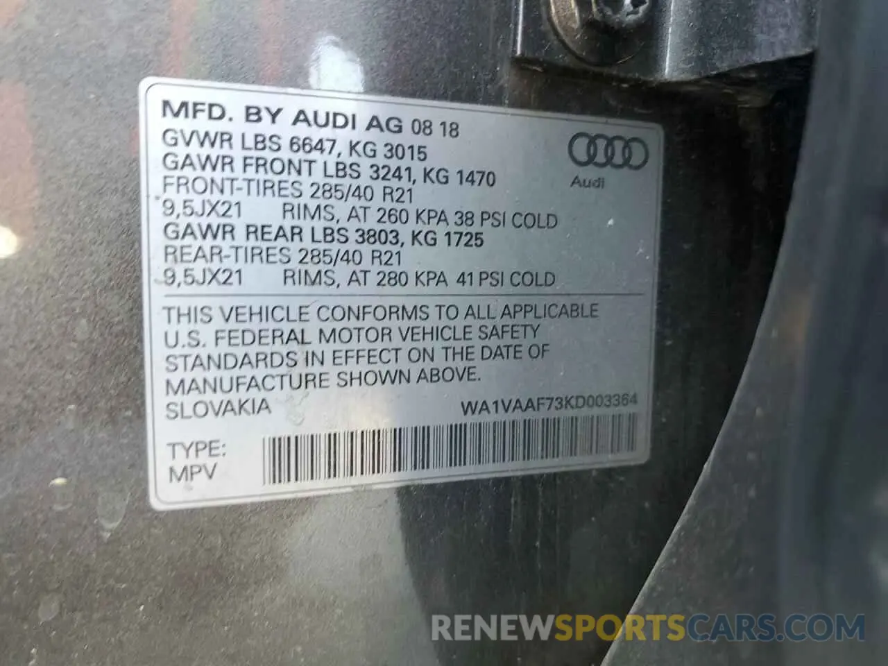 15 Photograph of a damaged car WA1VAAF73KD003364 AUDI Q7 2019