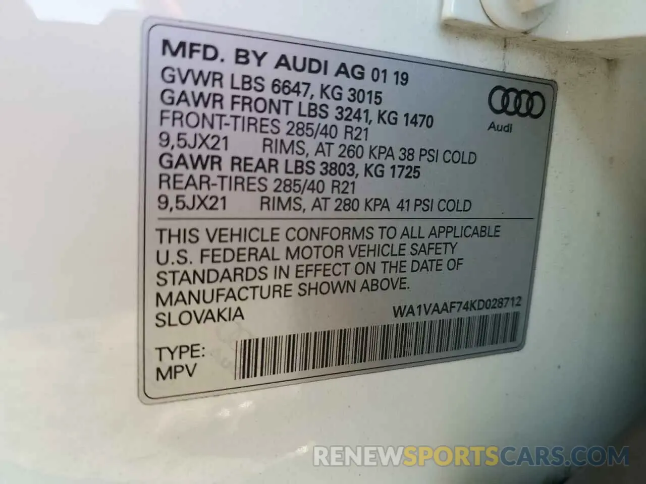 13 Photograph of a damaged car WA1VAAF74KD028712 AUDI Q7 2019