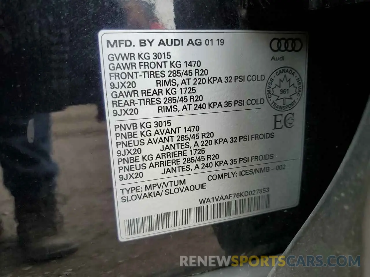 14 Photograph of a damaged car WA1VAAF76KD027853 AUDI Q7 2019