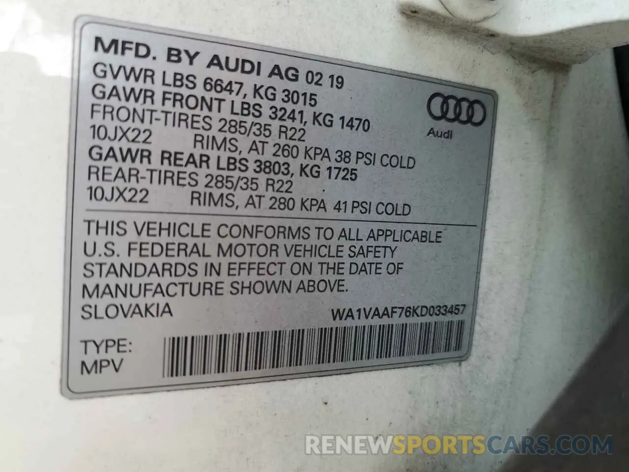 13 Photograph of a damaged car WA1VAAF76KD033457 AUDI Q7 2019